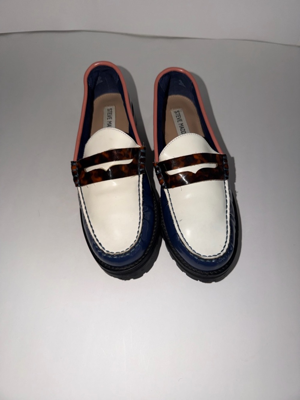 Steve Madden Patent Leather Loafers White, Navy & Pink Tortoiseshell Loafers
